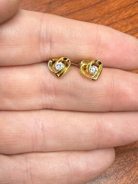 Gold Heart Stud Earrings with Clear Moissanite Center - Women Jewelry